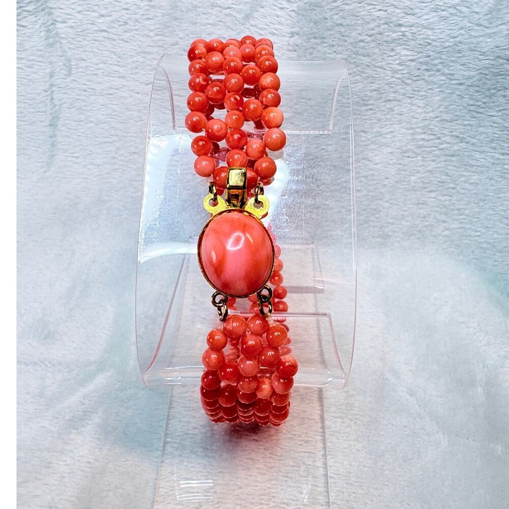 Vintage Dyed Bamboo Coral Multi‑Strand Bracelet with Coral Cabochon Clasp